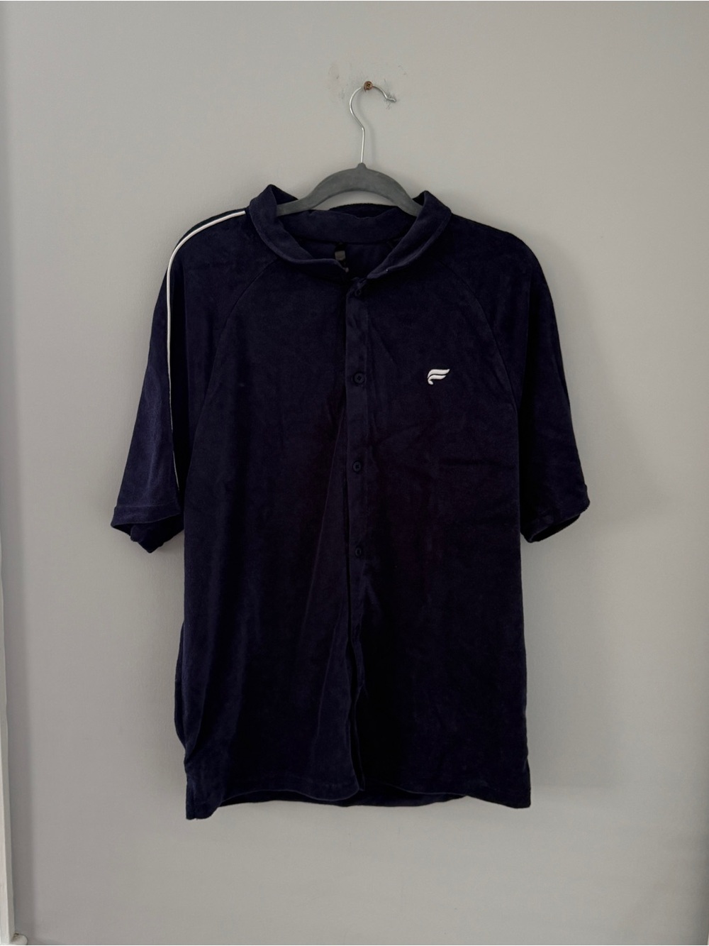 Fabletics Navy Terry Towel Button-Up Short Sleeve Polo with White Stripe